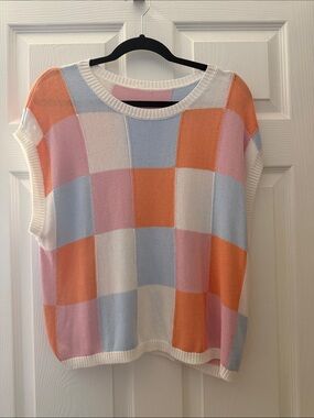 Pastel Checker Knit Sweater- Orange, Pink, Light Blue, White